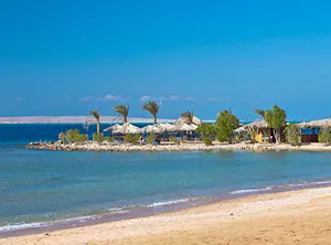 Plage aux eaux turquoise avec sable clair, palmiers et installations de détente sur une île au large de la côte, idéale pour la baignade et le snorkeling.