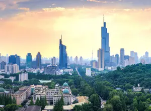 Blick auf Nanjing Skyline mit modernen Hochhäusern und grünen Landschaften im Vordergrund.