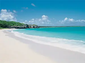 Weißer Sandstrand und klares Wasser auf den Philippinen unter einem blauen Himmel.