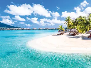 Plage de sable blanc bordée de palmiers avec bungalows sur pilotis au-dessus d’une eau turquoise, typique des Maldives.